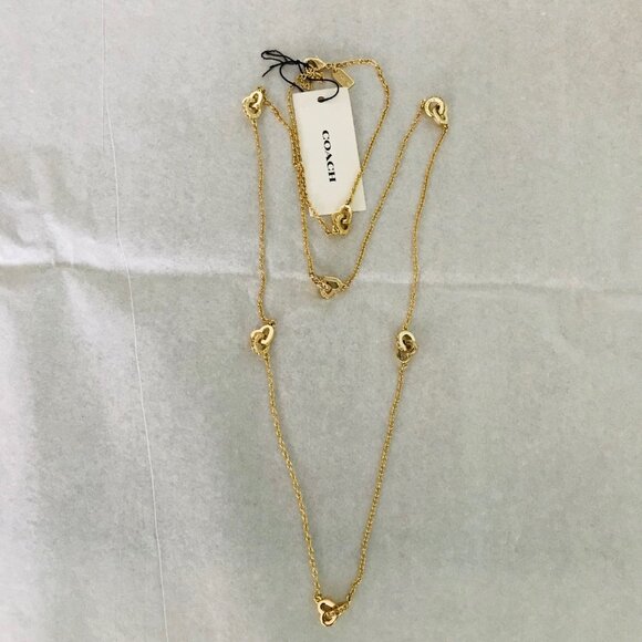 COACH HEART  SIGNATURE LONG STATION NECKLACE IN GOLD TONE 34" and Storag Bag - Picture 3 of 13